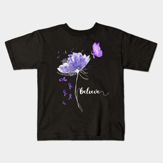 Womens Believe Flower-Butterfly pancreatic cancer Kids T-Shirt by Margaretsantana